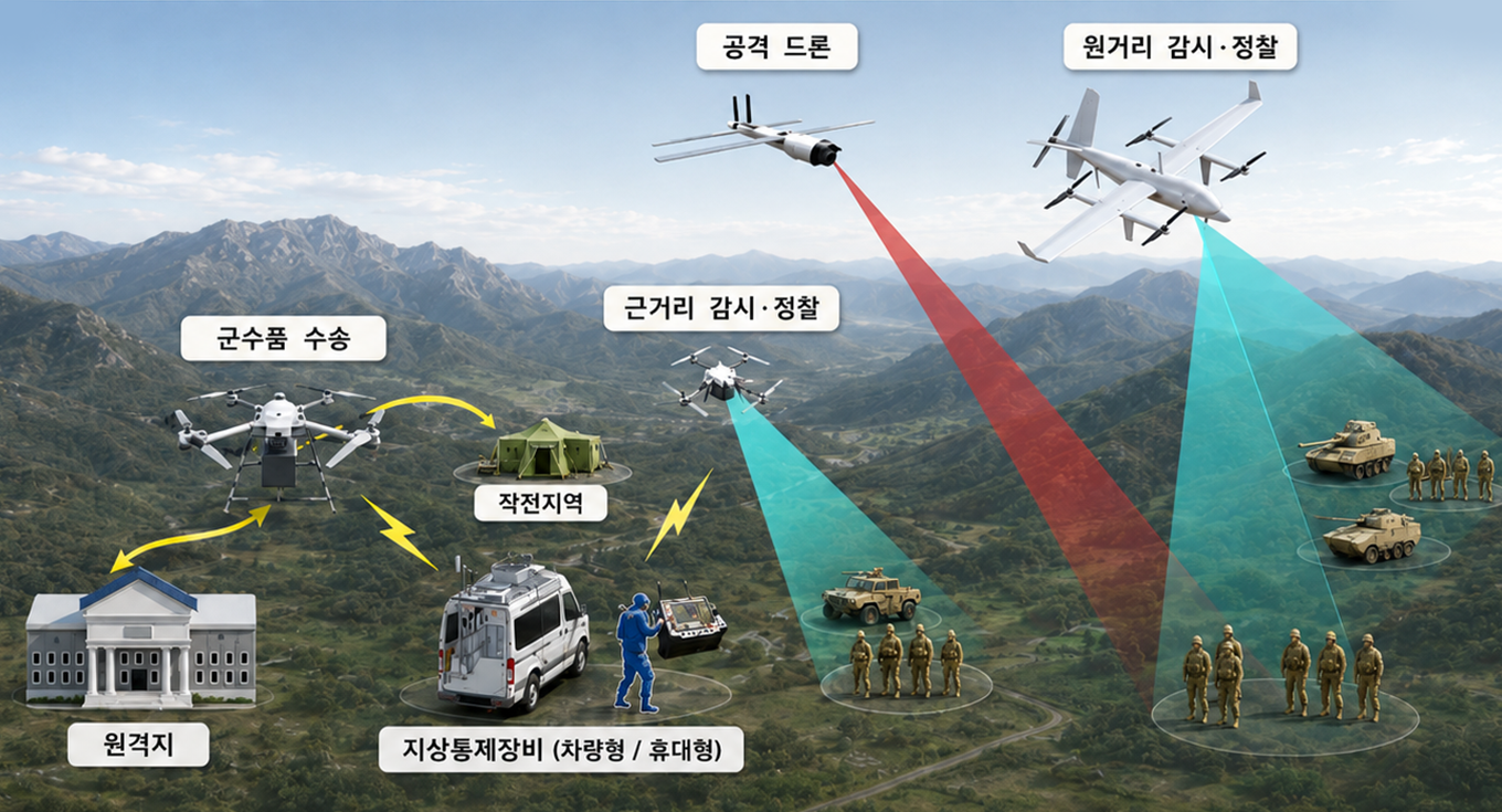 다목적 무인운용체계 구성도 - 공격 드론, 원거리·근거리 감시정찰, 군수품 수송, 지상통제장비